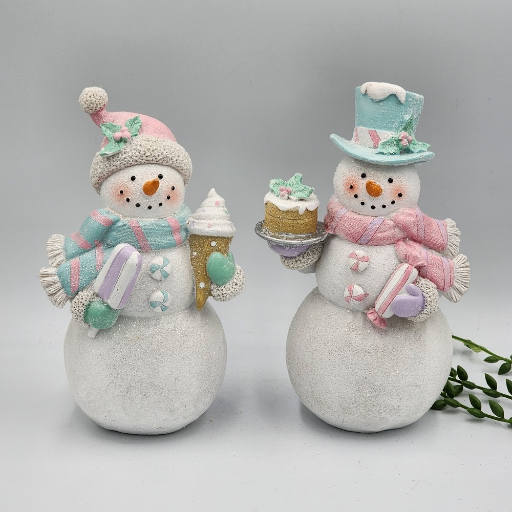 Snowman Sweet Candy Ice Cream Cake Christmas Village Figure Pastel 8" Resin 2 Pc